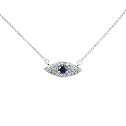 Muse Jewelry .43ct G SI 14K White Gold Diamond & Blue Sapphire Gemstone Evil Eye Pendant Necklace 18" Long