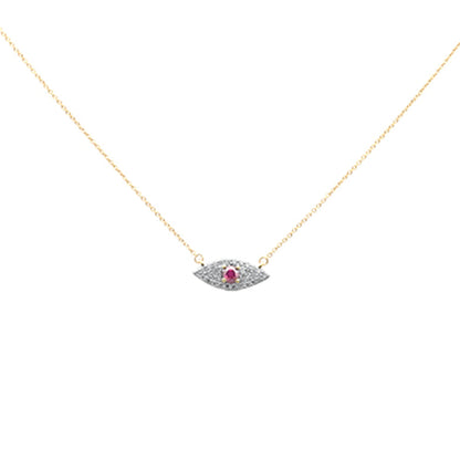 Muse Jewelry .43ct G SI 14K Yellow Gold Diamond & Ruby Gemstone Evil Eye Pendant Necklace 18" Long