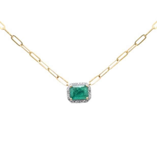 Muse Jewelry 1.97ct G SI 14K Yellow Gold Cushion Shape Diamond & Natural Green Emerald Gemstone Paper Clip Necklace 15+2" Ext Long Chain