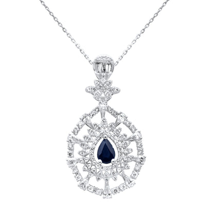 Muse Jewelry 2.67ct G SI 14K White Gold Pear Shape Diamond & Blue Sapphire Gemstones Pendant Necklace 18" Long Chain