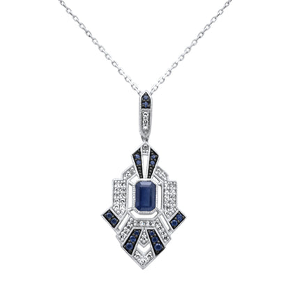 Muse Jewelry 1.22ct G SI 14K White Gold Diamond & Blue Sapphire Gemstones Geometric Pendant Necklace 18" Long Chain