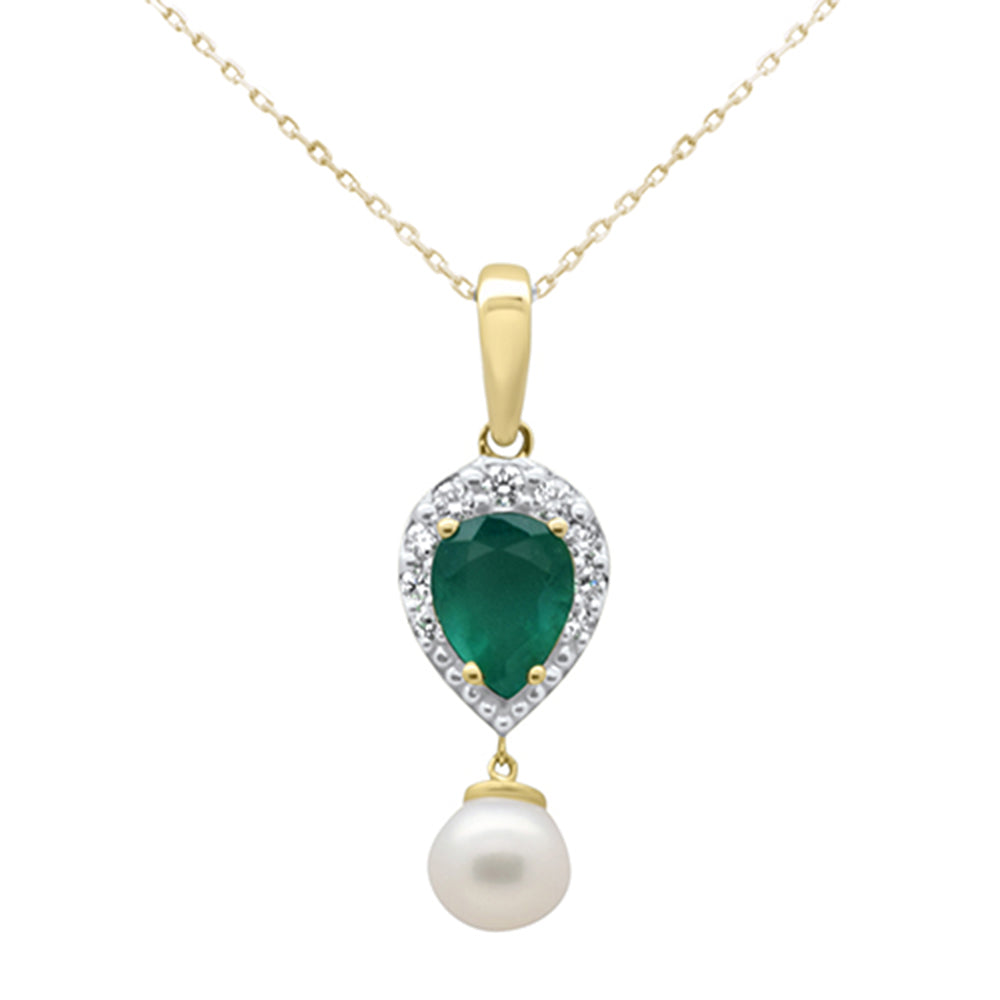 Muse Jewelry 4.22ct G SI 14K Yellow Gold Diamond Natural Emerald & Freshwater Pearl Pendant Necklace 18" Long