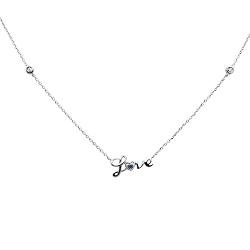 Muse Jewelry .07ct G SI 14K White Gold Diamond & Blue Sapphire Gemstones "Love" Pendant Necklace 16+2" Ext Long