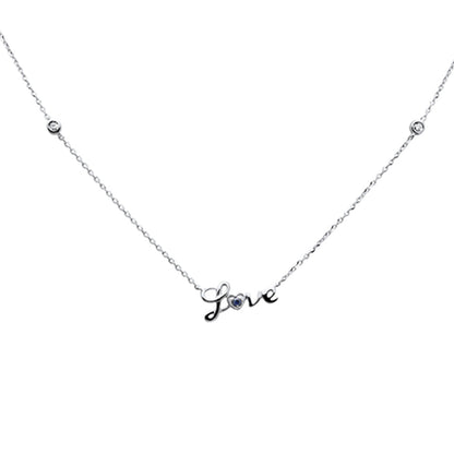 Muse Jewelry .07ct G SI 14K White Gold Diamond & Blue Sapphire Gemstones "Love" Pendant Necklace 16+2" Ext Long