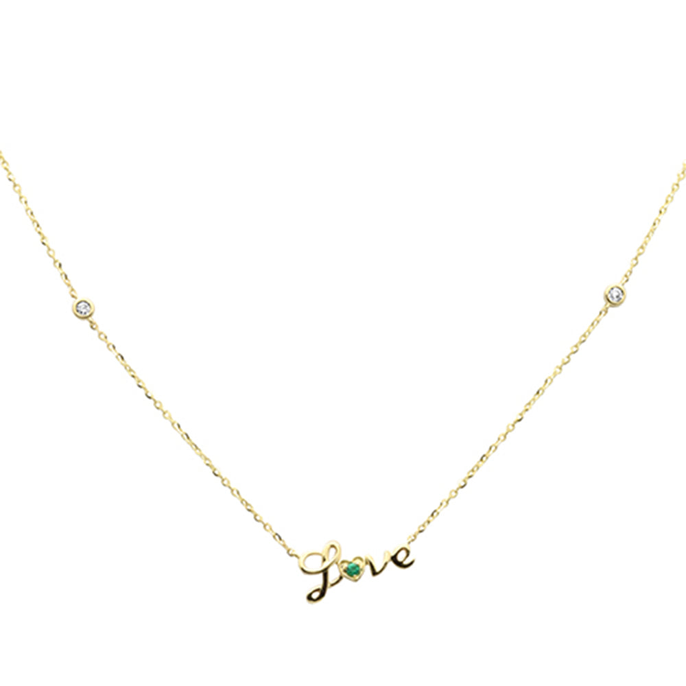 Muse Jewelry .07ct G SI 14K Yellow Gold Diamond & Emerald Gemstones "Love" Pendant Necklace 16+2" Ext Long