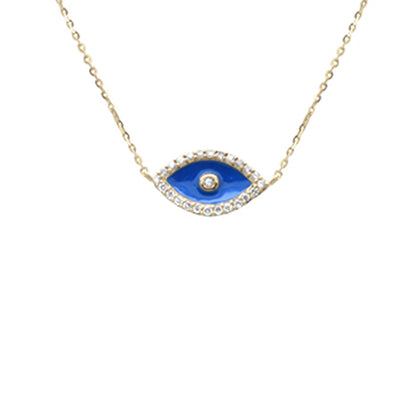 Muse Jewelry .13ct G SI 14K Yellow Gold Diamond Blue Enamel Evil Eye Pendant Necklace 16+2" Ext