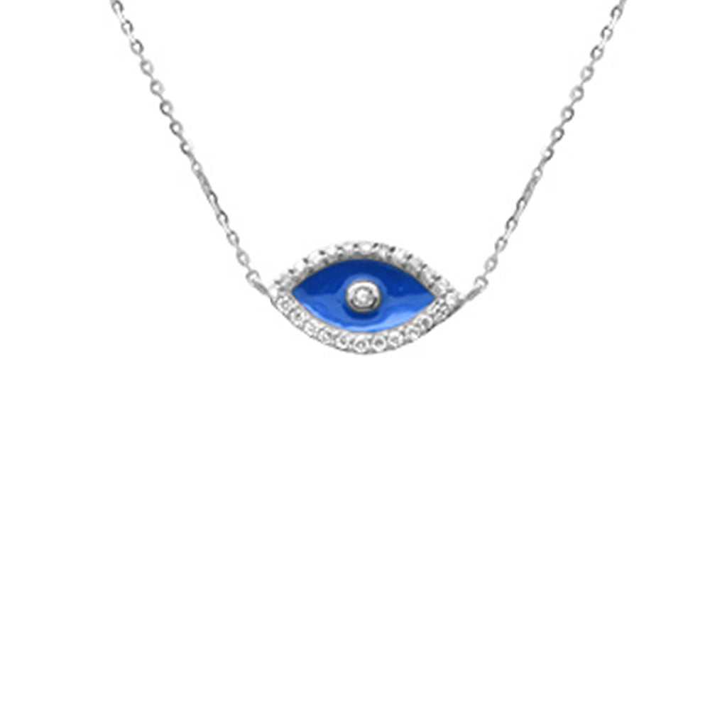 Muse Jewelry .13ct G SI 14K White Gold Diamond Blue Enamel Evil Eye Pendant Necklace 16+2" Ext