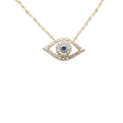 Muse Jewelry .12ct G SI 14K Yellow Gold Diamond & Blue Sapphire Gemstones Evil Eye Pendant Necklace 16+2" Ext