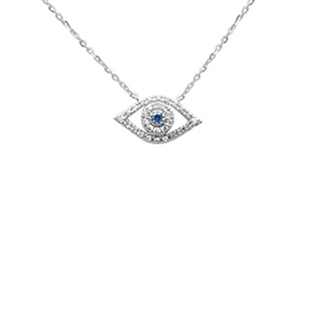 Muse Jewelry .12ct G SI 14K White Gold Diamond & Blue Sapphire Gemstones Evil Eye Pendant Necklace 16+2" Ext