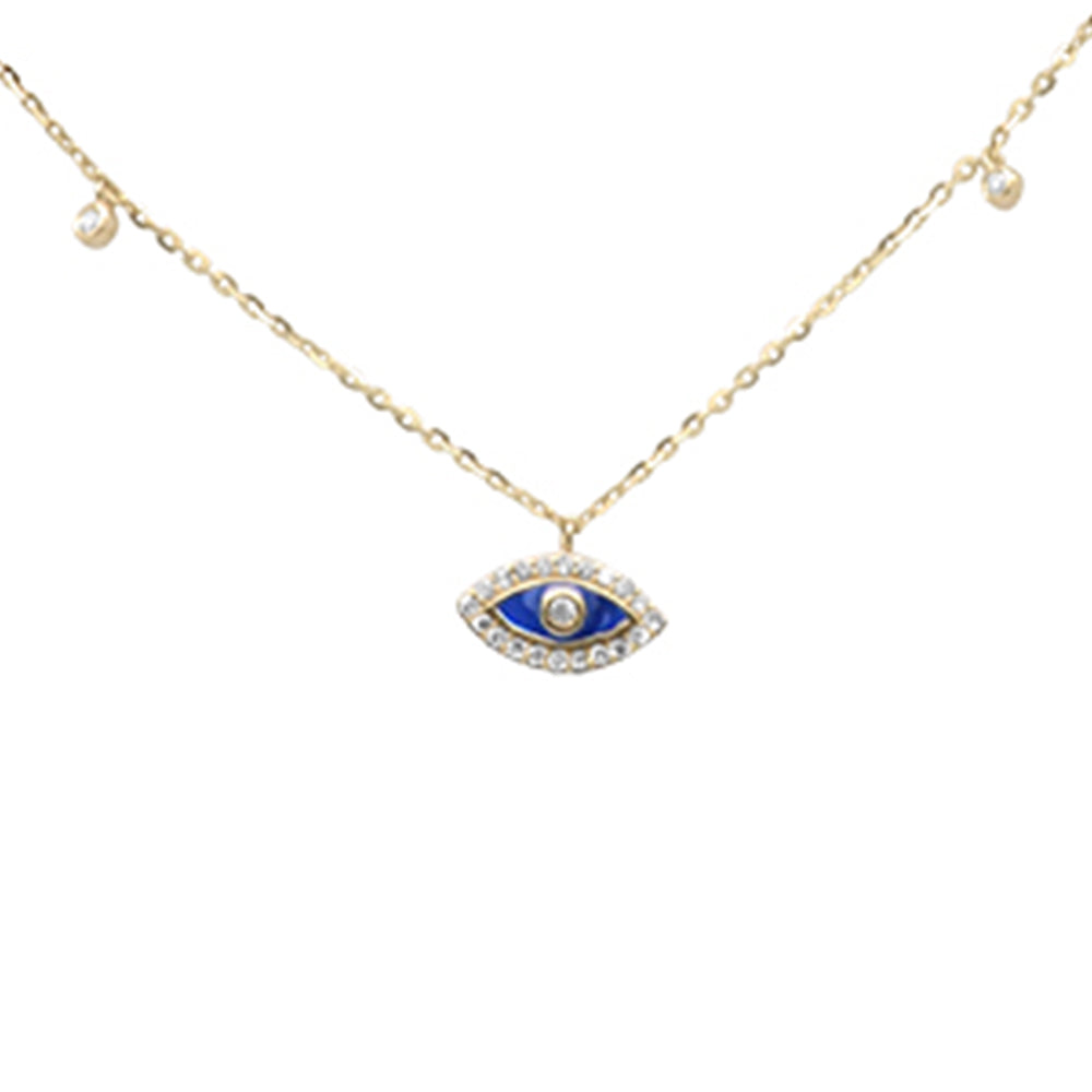 Muse Jewelry .08ct G SI 14K Yellow Gold Diamond Blue Enamel Evil Eye Pendant Necklace 16+2" Ext