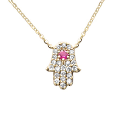 Muse Jewelry .25ct G SI 14K Yellow Gold Diamond & Ruby Gemstone Hamsa Pendant Necklace 16+2" Ext