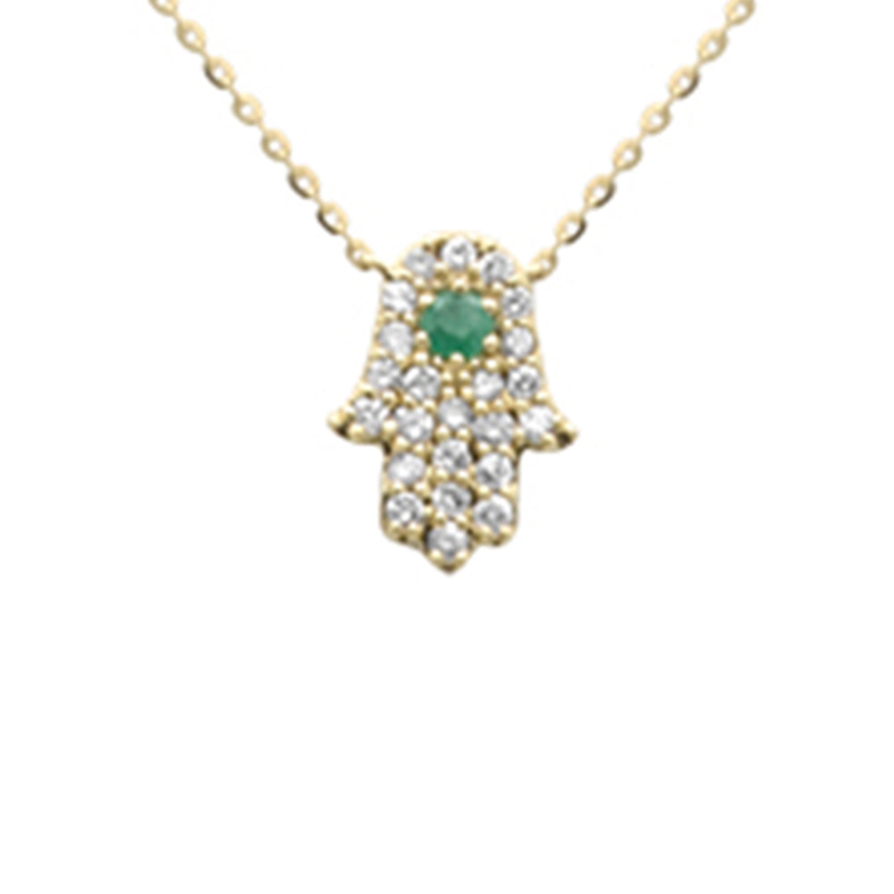 Muse Jewelry .17ct G SI 14K Yellow Gold Diamond & Emerald Gemstone Hamsa Pendant Necklace 16+2" Ext