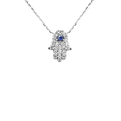 Muse Jewelry .25ct G SI 14K White Gold Diamond & Blue Sapphire Gemstone Hamsa Pendant Necklace 16+2" Ext