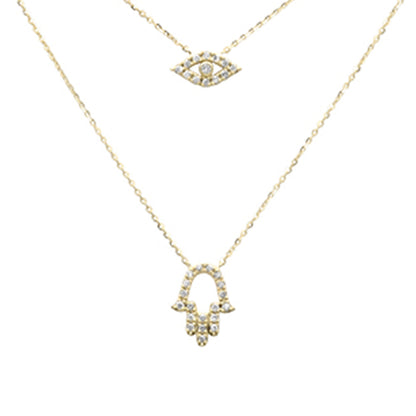 Muse Jewelry .19ct G SI 14K Yellow Gold Diamond Evil Eye & Hamsa Pendant Necklace 16+2" Ext