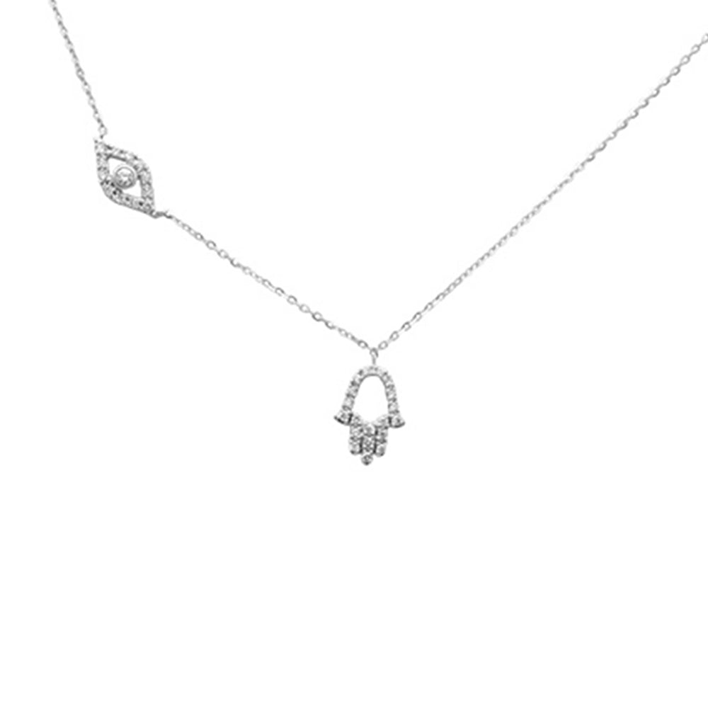 Muse Jewelry .16ct G SI 14K White Gold Diamond Evil Eye & Hamsa Pendant Necklace 16+2" Ext