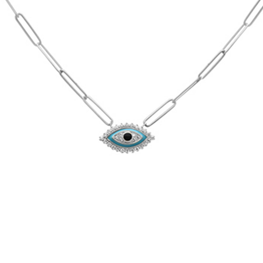 Muse Jewelry .16ct G SI 14K Yellow Gold Diamond Evil Eye Enamel Paper Clip Pendant Necklace 18" Long