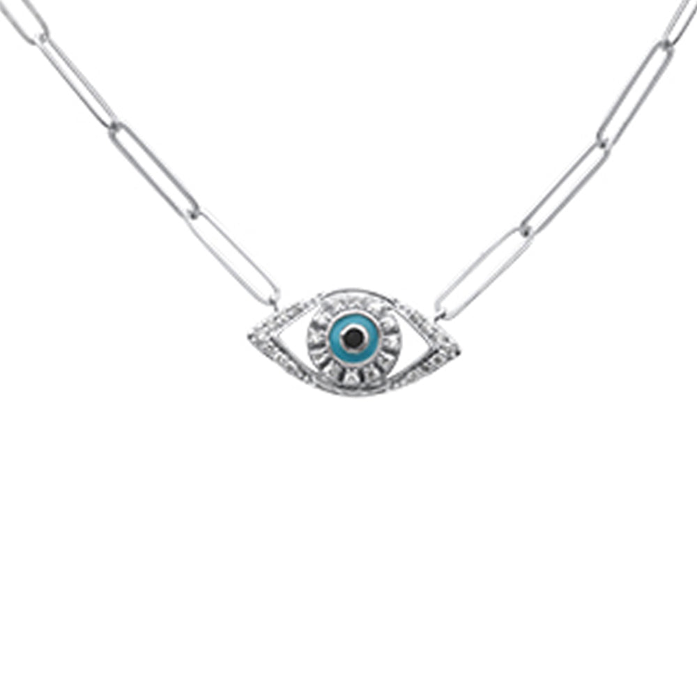 Muse Jewelry .13ct G SI 14K White Gold Diamond Evil Eye Enamel Paper Clip Pendant Necklace 18" Long