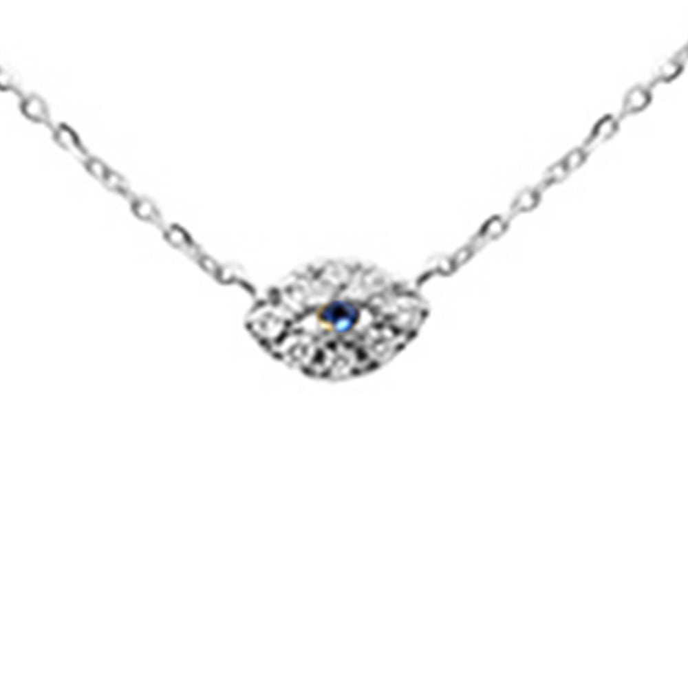 Muse Jewelry .06ct G SI 14K White Gold Diamond & Blue Sapphire Gemstones Petite Evil Eye Pendant Necklace 16+2" Ext