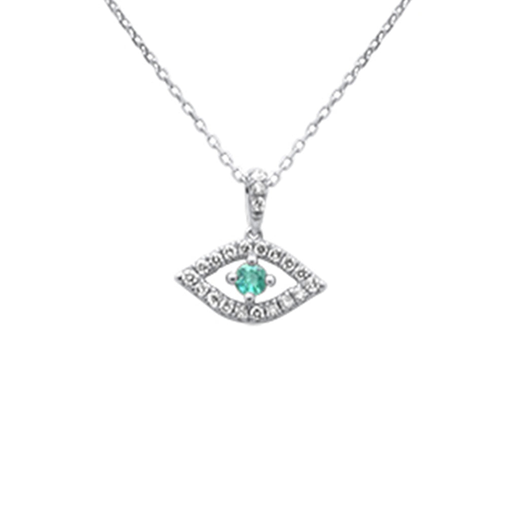 Muse Jewelry .37ct G SI 14K White Gold Diamond & Emerald Gemstone Evil Eye Pendant 18" long Chain