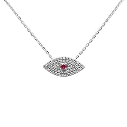 Muse Jewelry .16ct G SI 14K White Gold Diamond & Ruby Gemstone Evil Eye Pendant Necklace 16+2" Ext. Long