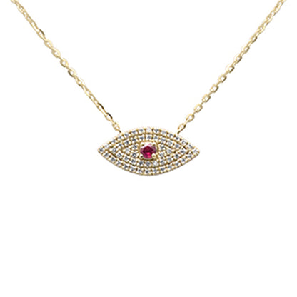 Muse Jewelry .16ct G SI 14K Yellow Gold Diamond & Ruby Gemstone Evil Eye Pendant Necklace 16+2" Ext. Long