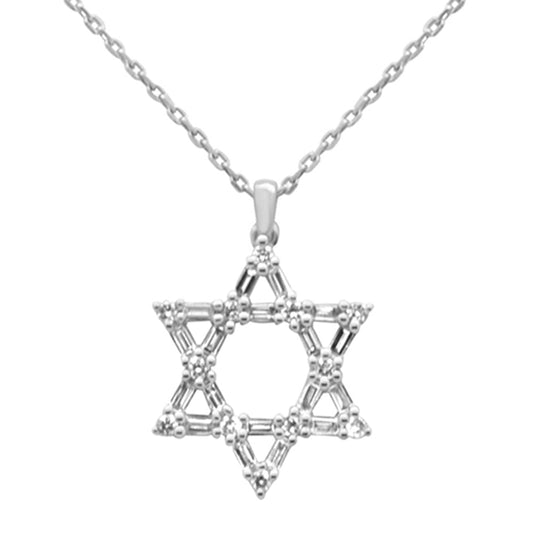 Muse Jewelry .33ct G SI 14K White Gold Round & Baguette Diamond Star of David Pendant Necklace 18" Long Chain