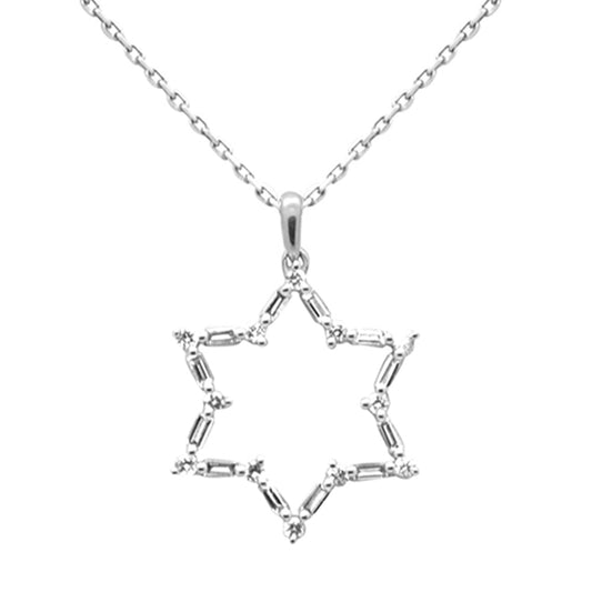 Muse Jewelry .28ct G SI 14K White Gold Round & Baguette Diamond Star of David Pendant Necklace 18" Long Chain