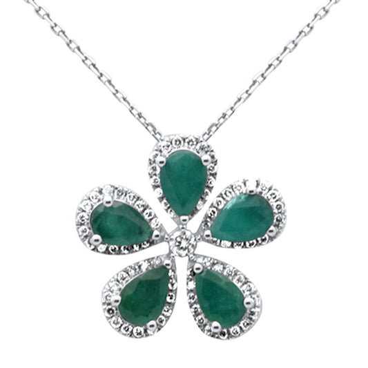 Muse Jewelry 2.23ct G SI 14K White Gold Diamond & Emerald Gemstones Flower Pendant Necklace 18" Long Chain