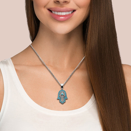 Muse Jewelry .86ct G SI 14K White Gold Diamond & Turquoise Hamsa Pendant Necklace 18" Long Chain