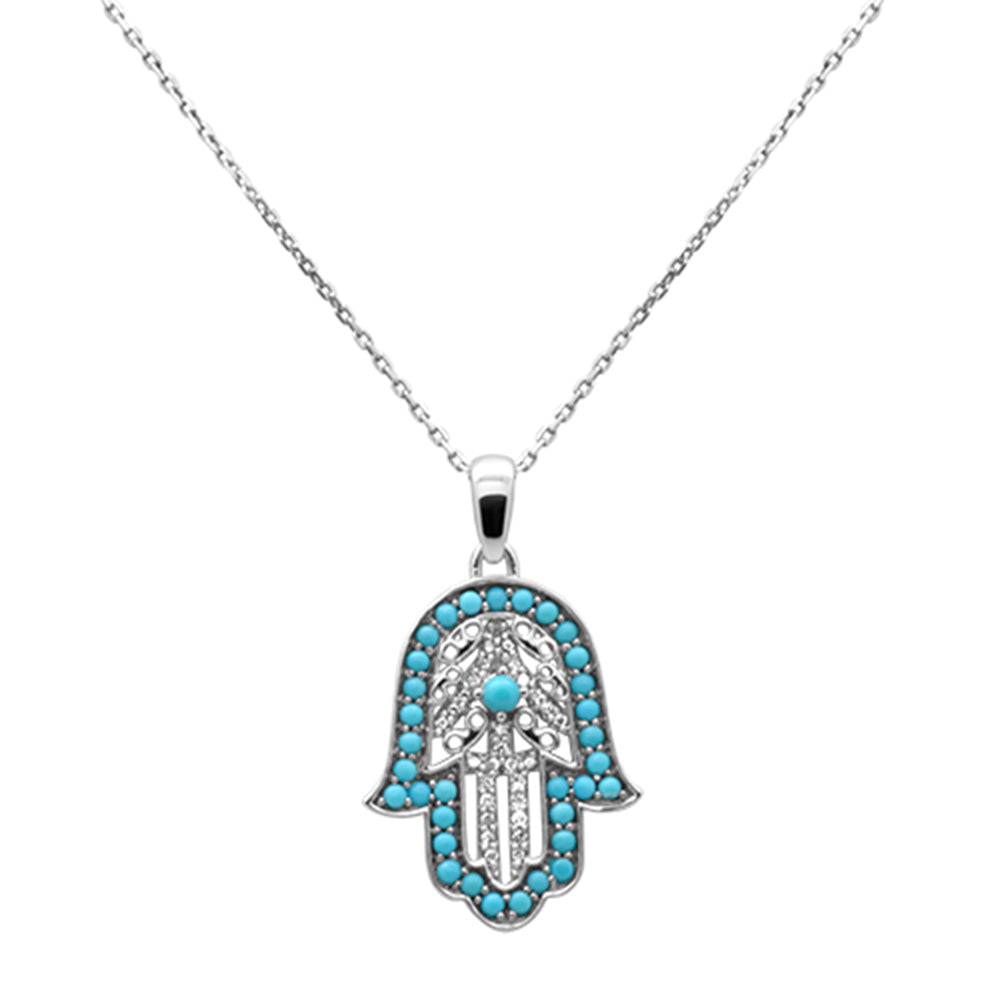 Muse Jewelry .86ct G SI 14K White Gold Diamond & Turquoise Hamsa Pendant Necklace 18" Long Chain