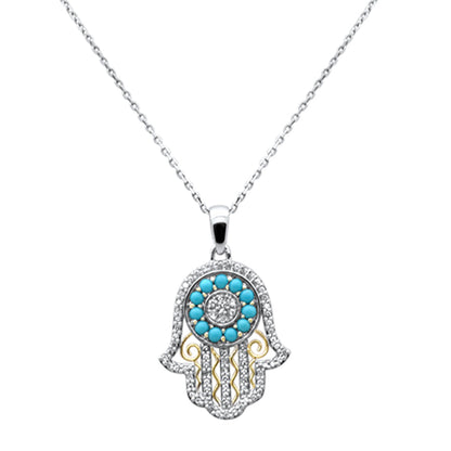 Muse Jewelry .70ct G SI 14K Two Tone Gold Diamond & Turquoise Hamsa Pendant Necklace 18" Long Chain