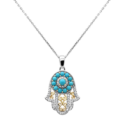 Muse Jewelry .99ct G SI 14K Two Tone Gold Diamond & Turquoise Hamsa Pendant Necklace 18" Long Chain