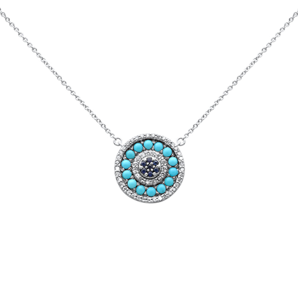 Muse Jewelry .85ct G SI 14K White Gold Round Shape Halo Diamond, Blue Sapphire & Turquoise Pendant Necklace 18" Long Chain