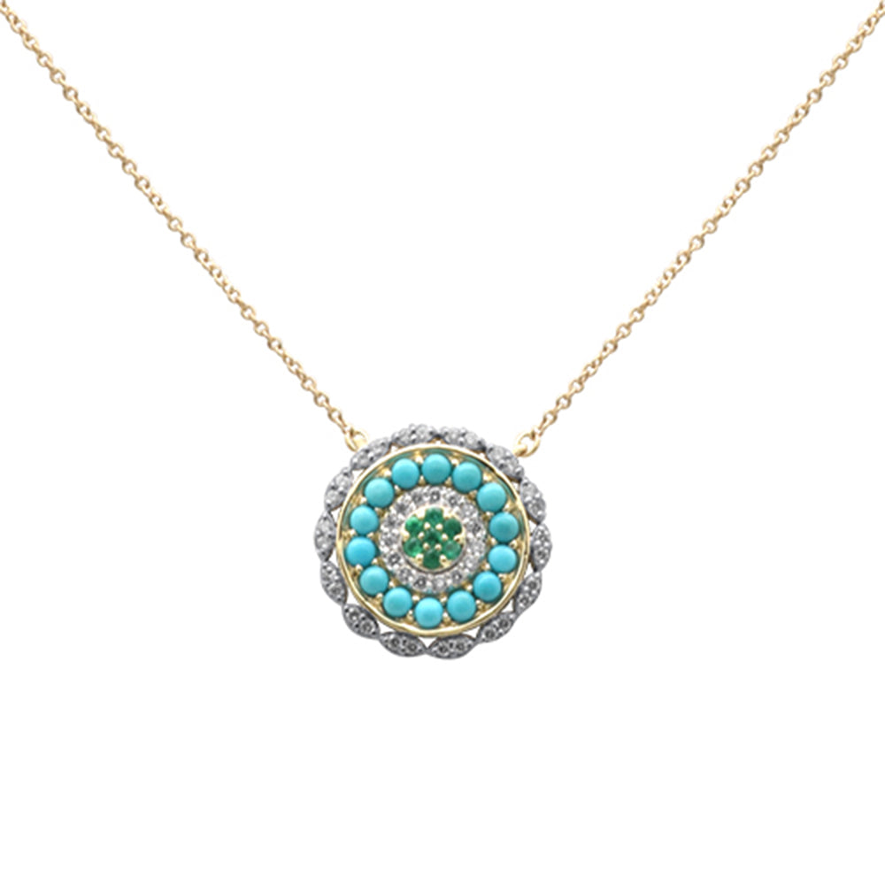 Muse Jewelry .82ct G SI 14K Yellow Gold Round Shape Halo Diamond, Emerald & Turquoise Pendant Necklace 18" Long Chain