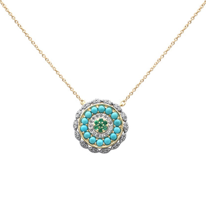 Muse Jewelry .82ct G SI 14K Yellow Gold Round Shape Halo Diamond, Emerald & Turquoise Pendant Necklace 18" Long Chain