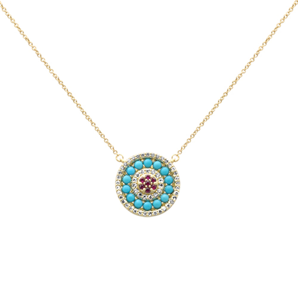 Muse Jewelry .90ct G SI 14K Yellow Gold Halo Diamond, Ruby & Turquoise Pendant Necklace 18" Long Chain