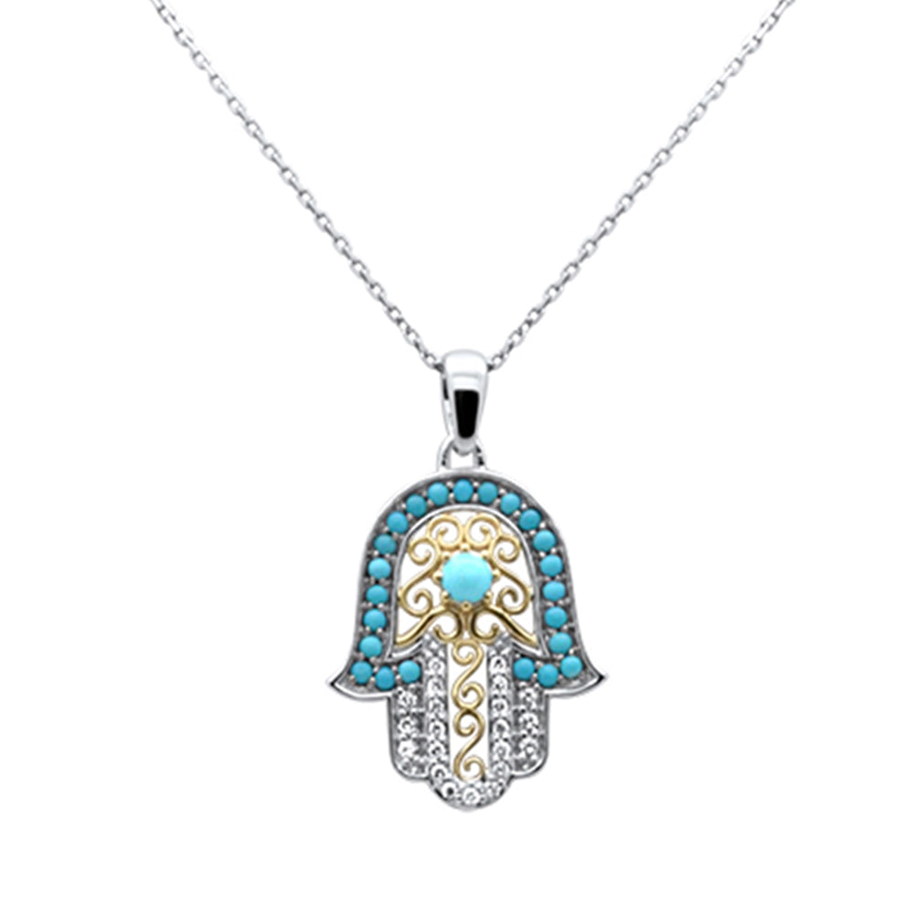 Muse Jewelry .78ct G SI 14K Two Tone Diamond Turquoise Hamsa Pendant Necklace 18" Long Chain