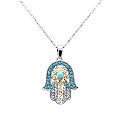 Muse Jewelry .78ct G SI 14K Two Tone Diamond Turquoise Hamsa Pendant Necklace 18" Long Chain