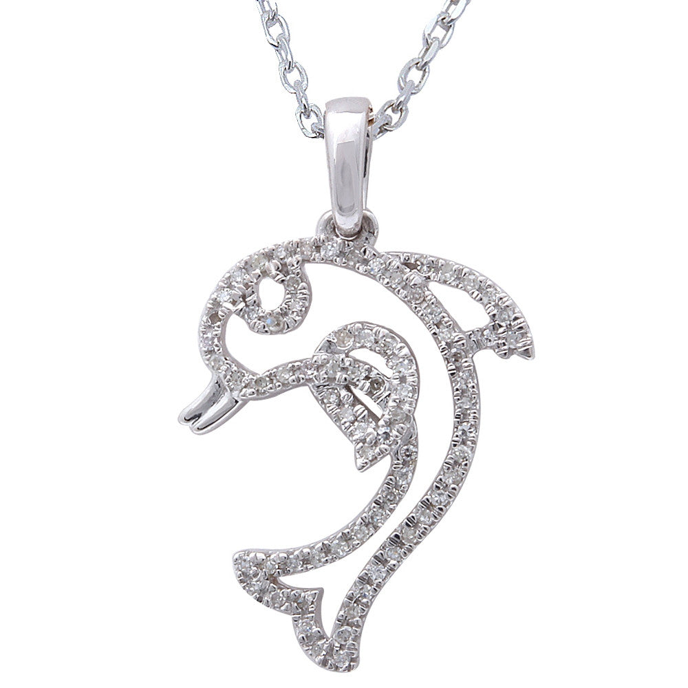 Muse Jewelry .11ct F SI Diamond Dolphin Fish Pendant 14kt White Gold 18" Long