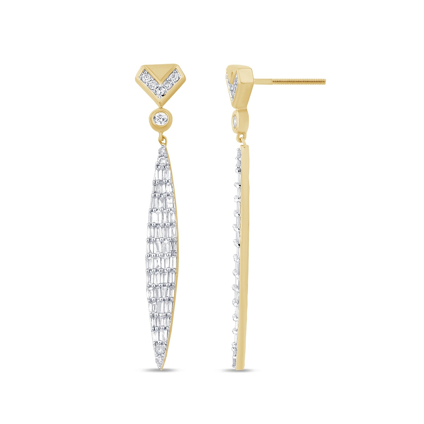 Muse Jewelry .91ct G SI 14K Yellow Gold Round & Baguette Diamond Drop Earrings