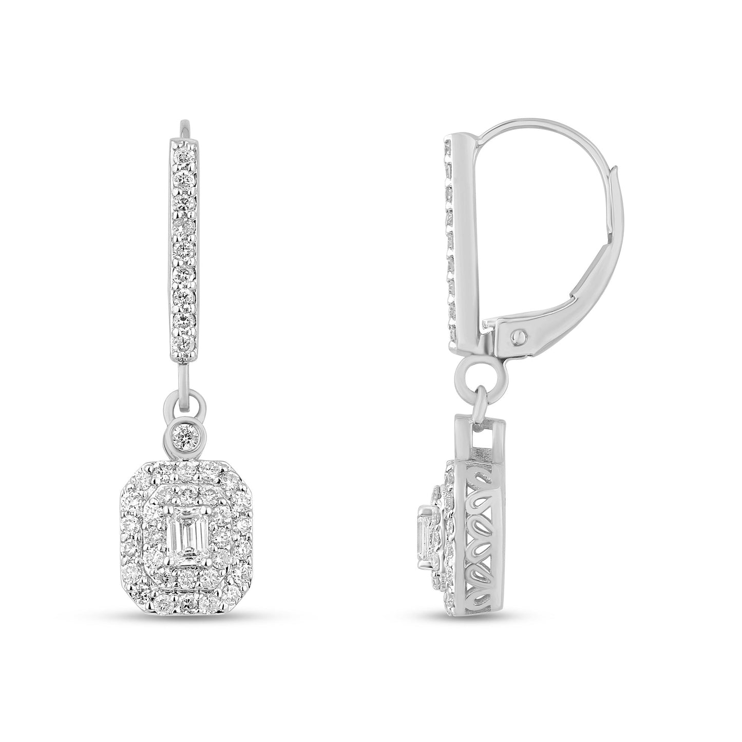 Muse Jewelry .77ct G SI 14K White Gold Diamond Round & Baguette Dangle Earrings