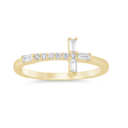 Muse Jewelry .21ct G SI 14K Yellow Gold Round & Baguette Diamond Cross Ring Band Size 6.5