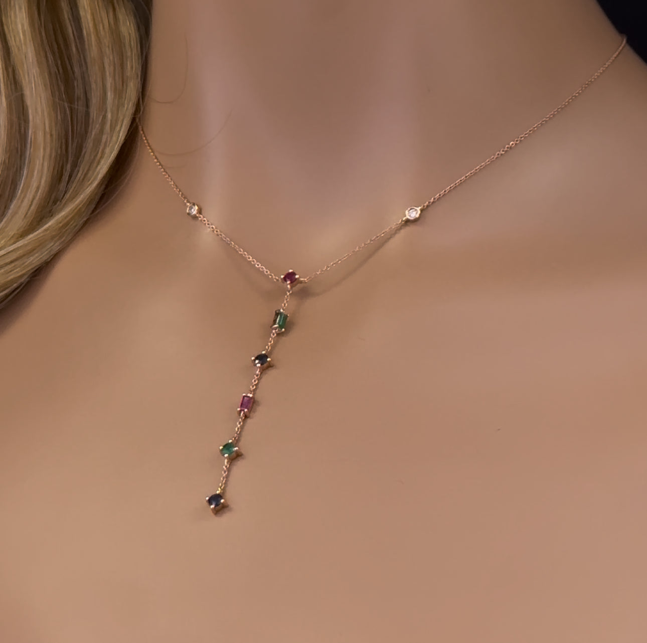 Muse Jewelry .80ct G SI 14K Rose Gold Diamond & Multi Color Gemstone Drop Lariat Necklace 16+2" Ext