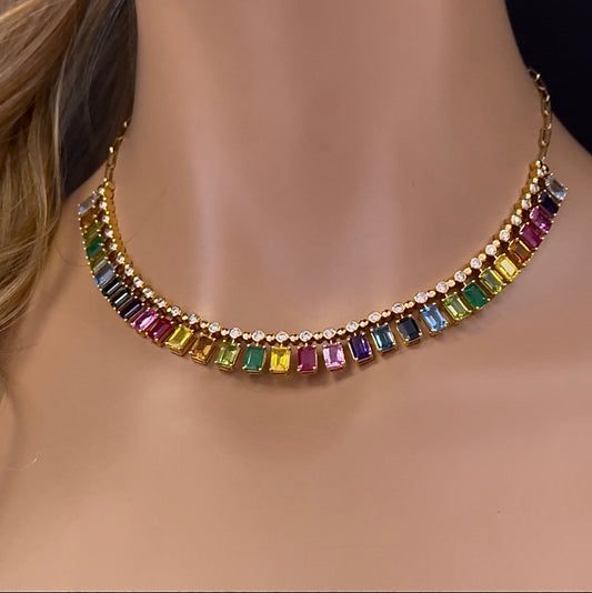 Muse Jewelry 22.86ct G SI 14K Yellow Gold Diamond & Multi Color Gemstone Necklace 14" + 2" EXT