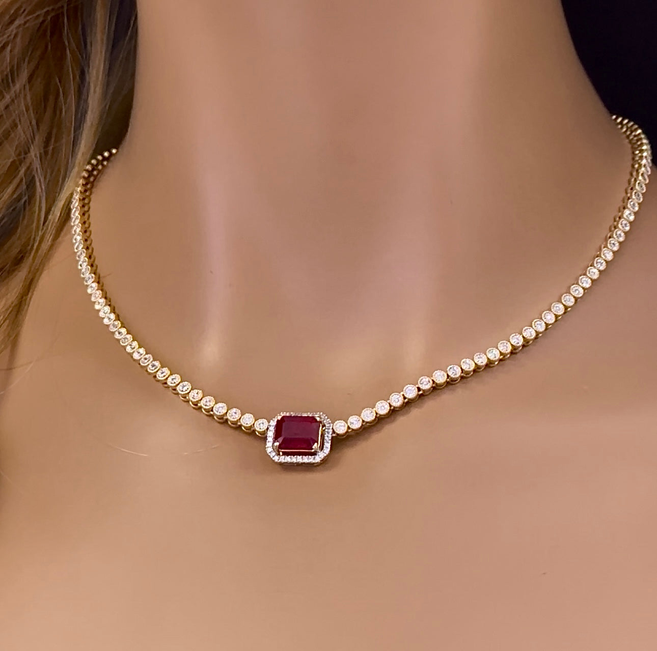 Muse Jewelry 4.84ct G SI 14K Yellow Gold Diamond & Ruby Gemstone Tennis Necklace