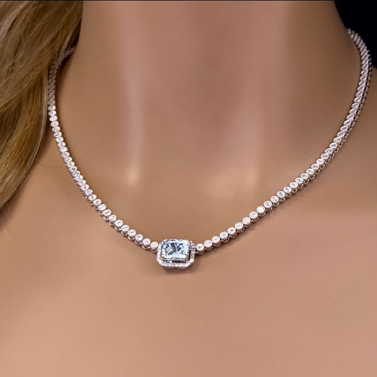 Muse Jewelry 1.00ct,2.28ct G SI 14K White Gold Diamond Aqumarine Emerald Cut Necklace 16+2" Long