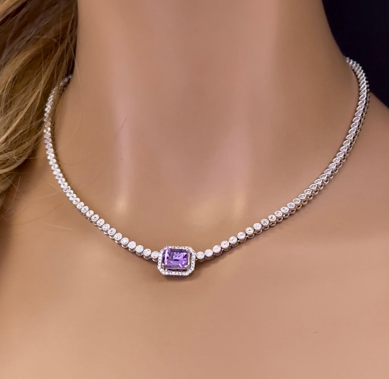 Muse Jewelry 3.22ct G SI 14K White Gold Diamond & Amethyst Gemstone Emerald cut Necklace 16+2" Long