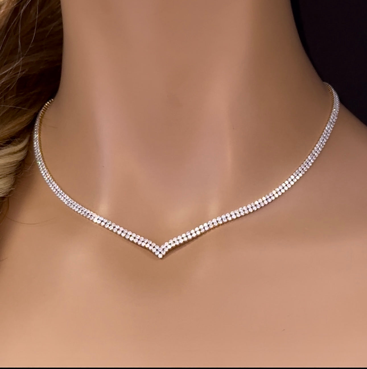 Muse Jewelry 7.00ct G SI 14K Yellow Gold Round Diamond 2-Row V Shaped Tennis Necklace 16" Long