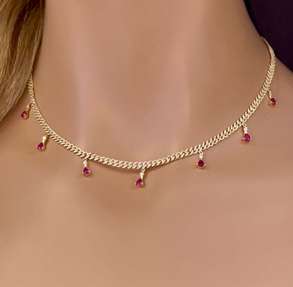 Muse Jewelry 2.52ct G SI 14K Yellow Gold Diamond & Ruby Cuban Link Necklace 14" + 2" EXT