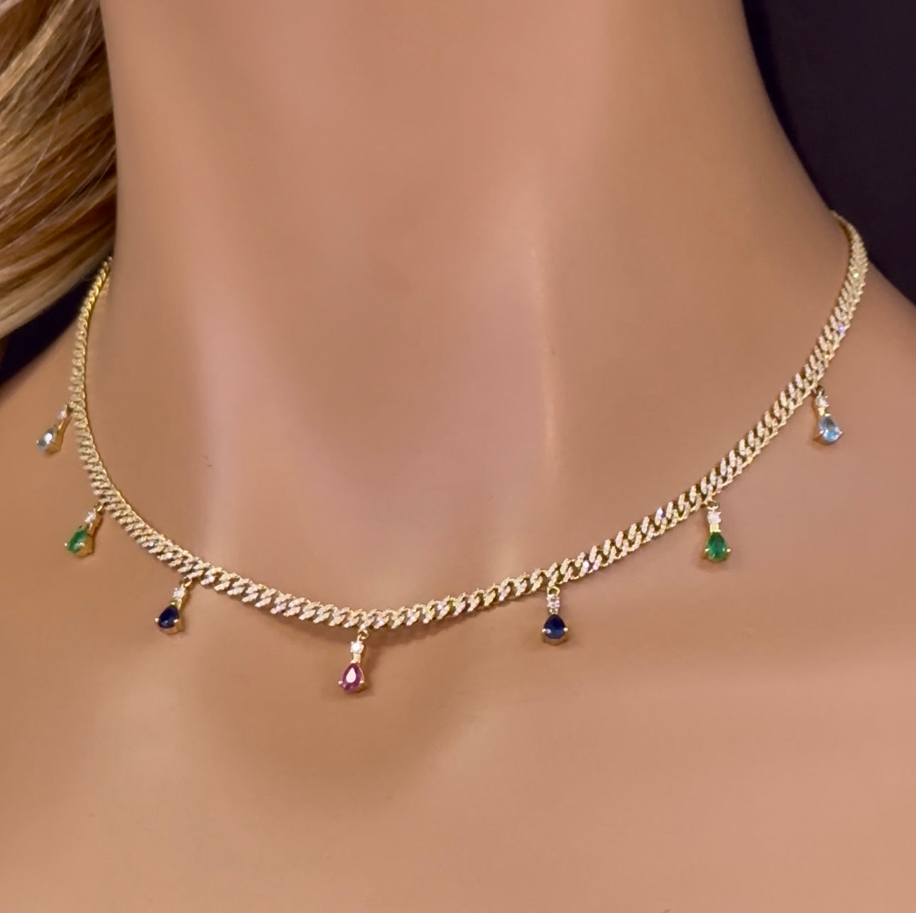 Muse Jewelry 2.74ct G SI 14K Yellow Gold Diamond & Multi Color Gemstone Cuban Link Necklace 14" + 2" EXT